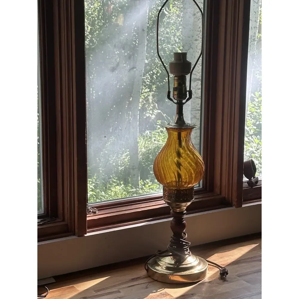 Vintage Diamond Optic Amber Glass Table Lamp Brass Wood Mid Century